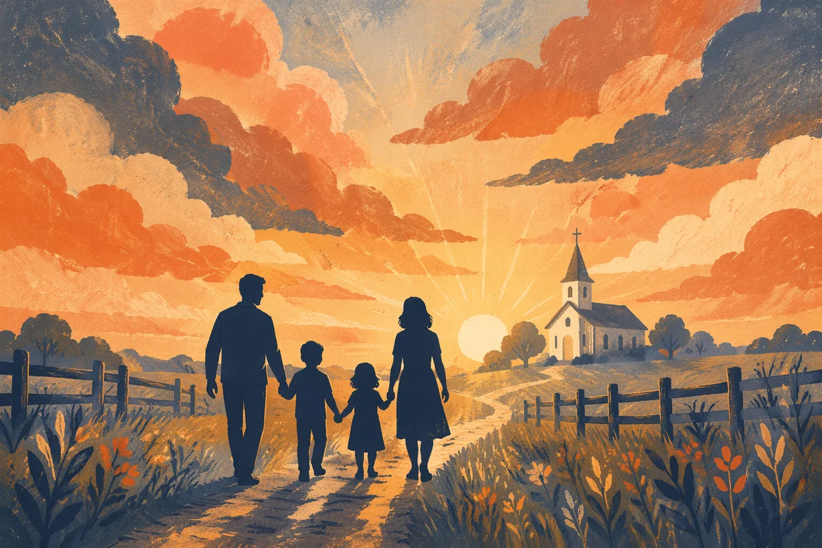 Family Walking Toward Country Church at Sunrise