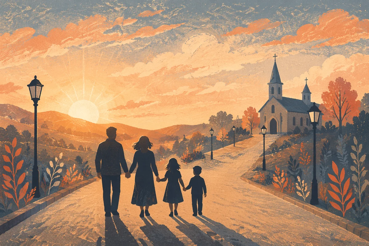 Family Silhouettes Walking to Church at Sunrise
