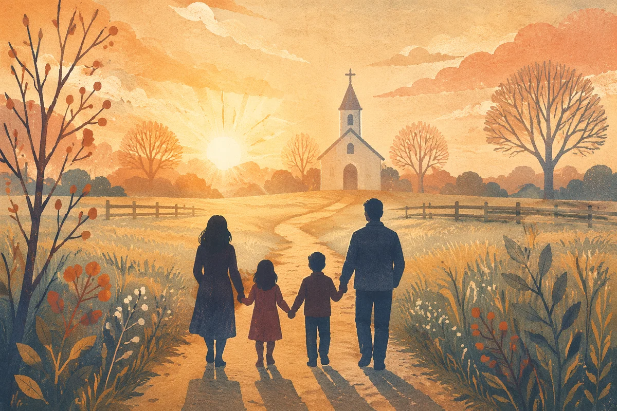 Family Silhouette Walking to Church at Sunrise