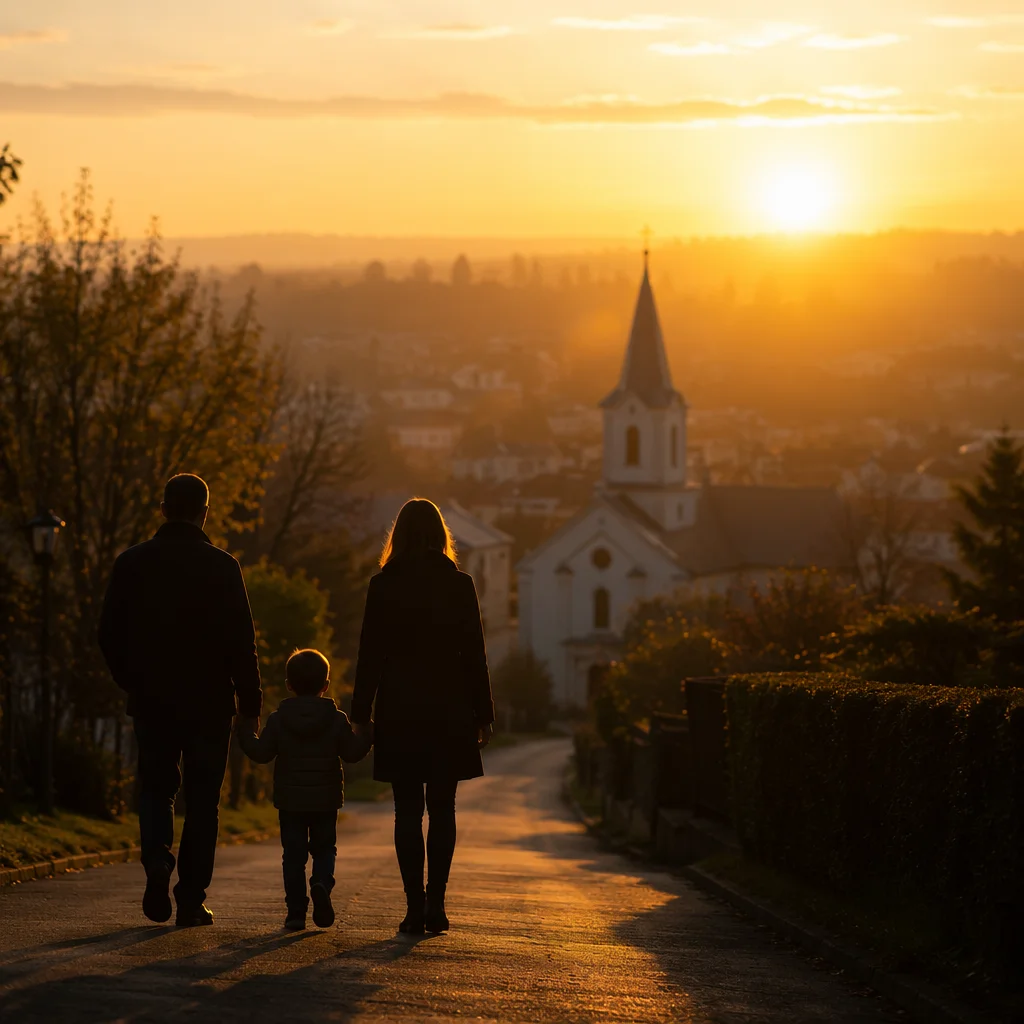 Family Walking Toward Church at Sunrise