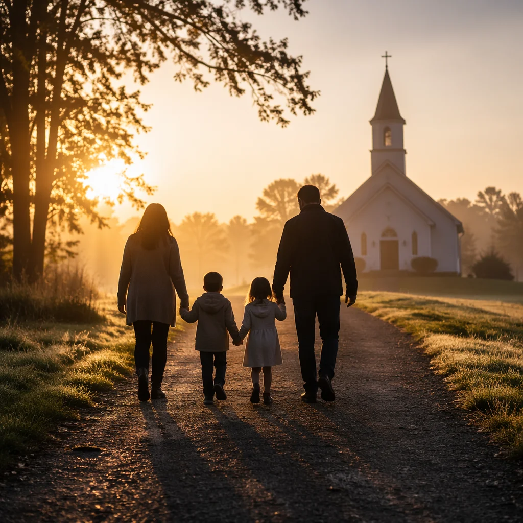 Family Silhouettes Walking Toward Church Sunrise