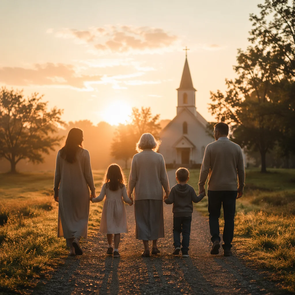 Family Walking to Countryside Chapel at Sunrise