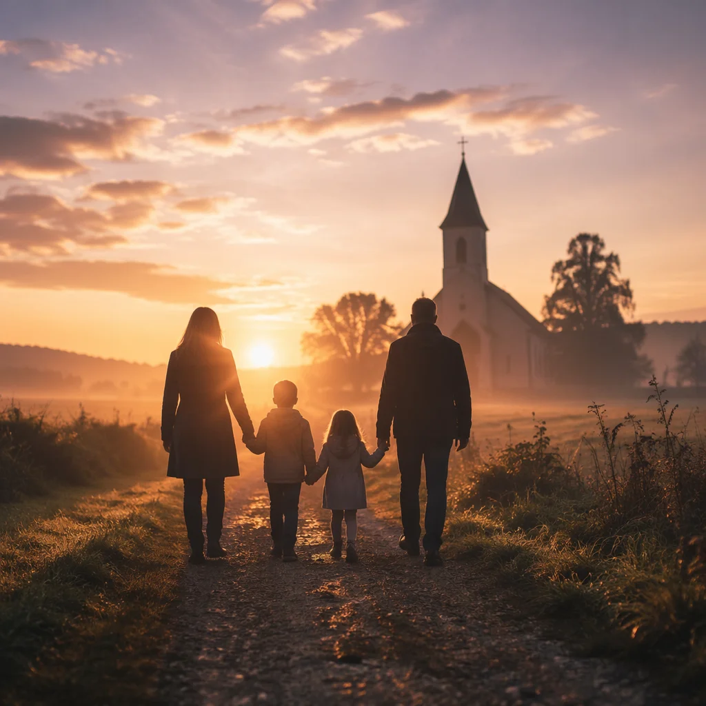 Family Walking Toward Chapel at Sunrise