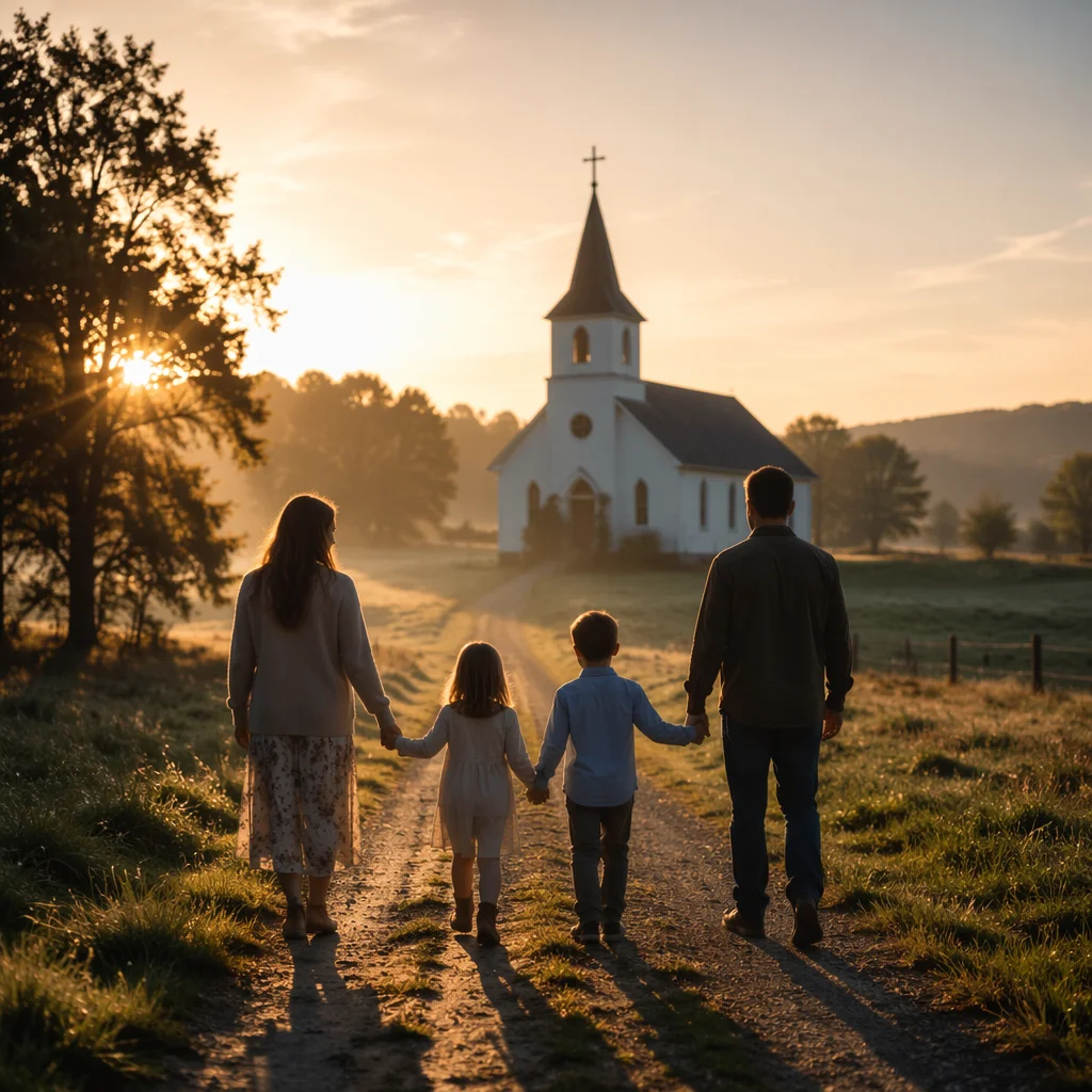 Family Walking Toward Country Church Sunrise