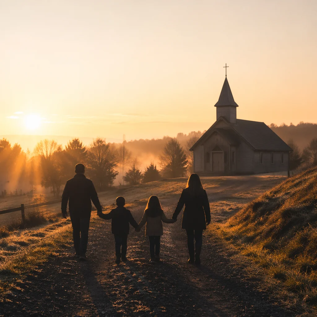 Family Walking Toward Church at Sunrise
