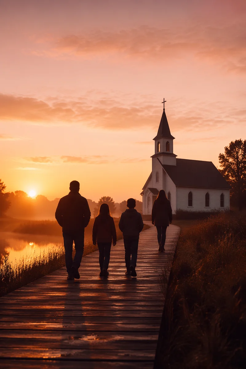 Family Silhouette Walking Toward Sunrise Chapel