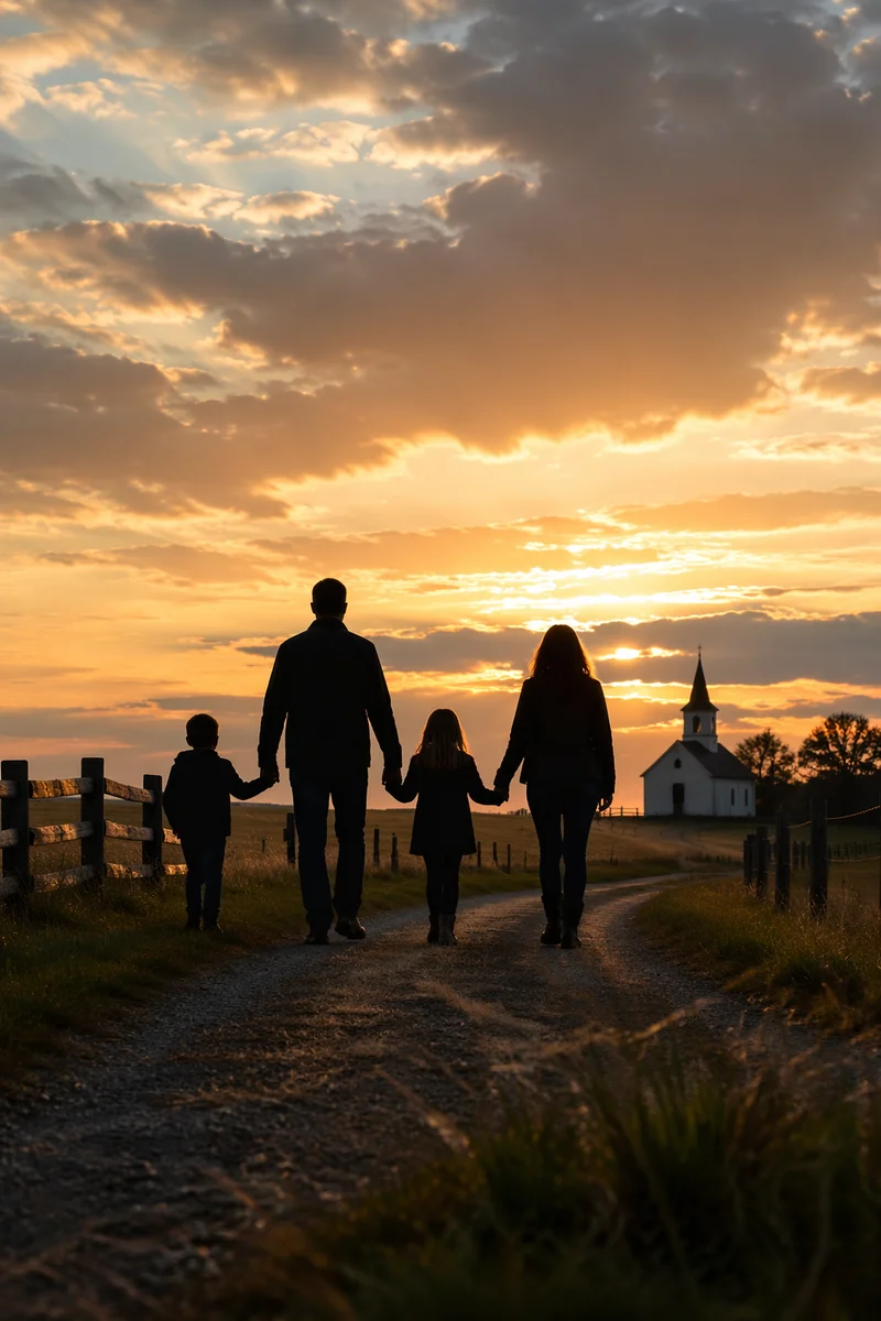 Family Silhouette Walking Toward Church Sunrise