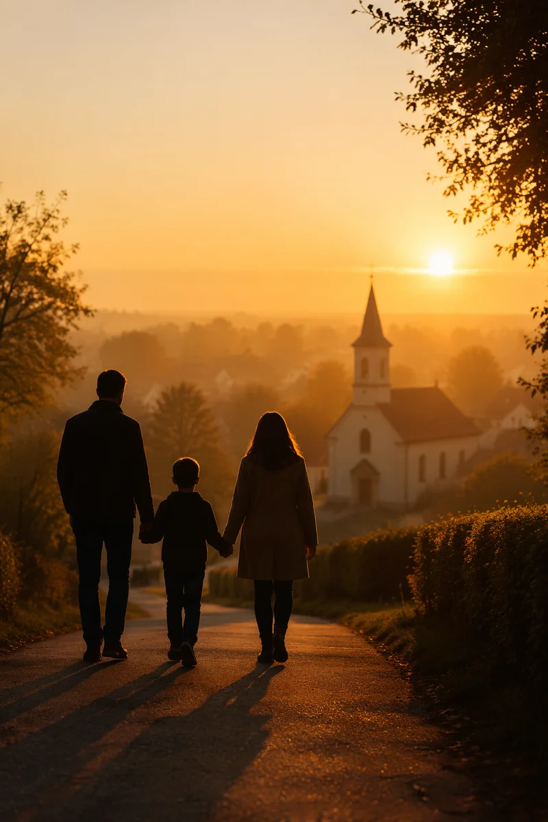 Family Walking Toward Church at Sunrise