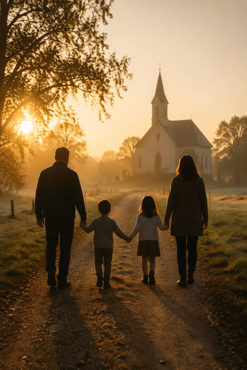 Family Silhouette Walking to Church at Sunrise