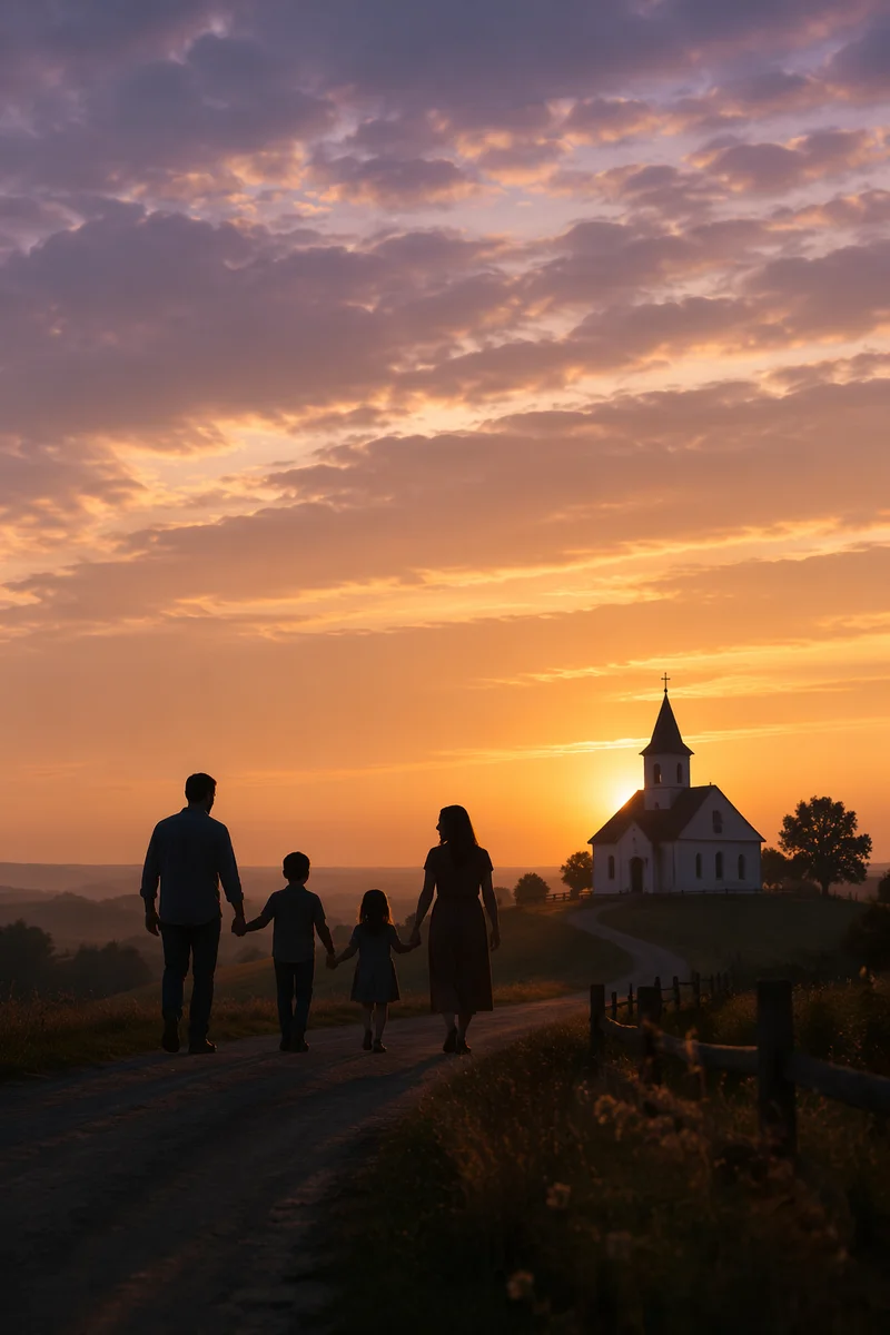 Family Silhouettes Walking to Church at Sunrise