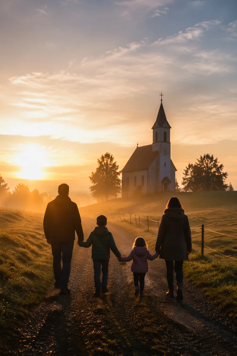 Family Walking Toward Chapel at Sunrise