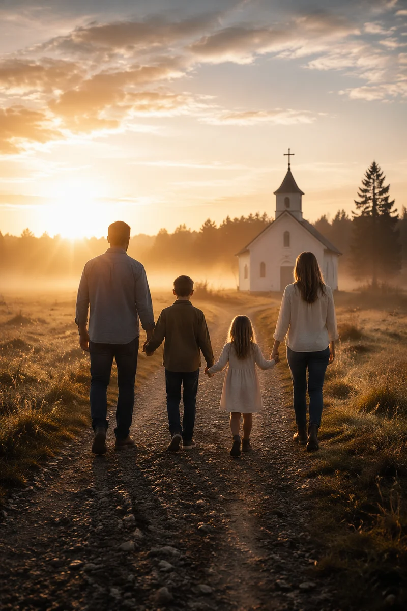 Family Walking Toward Rural Chapel Sunrise