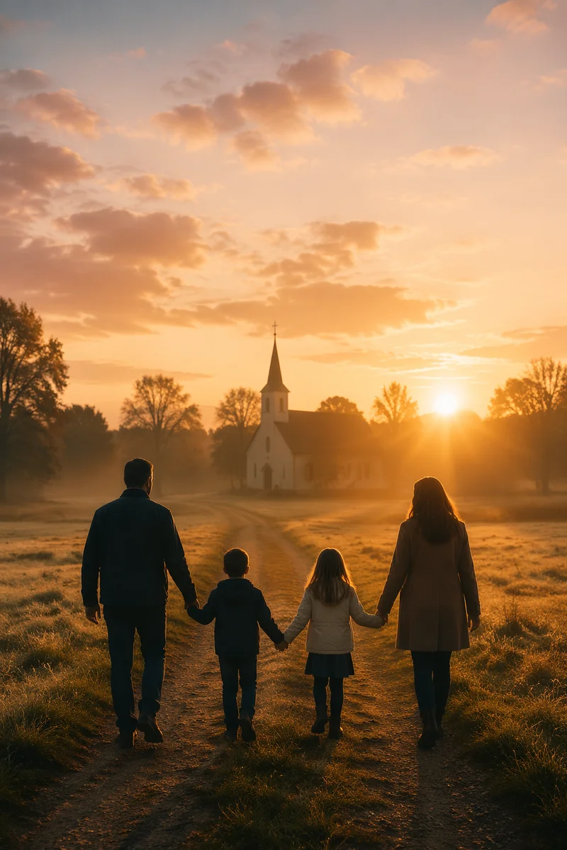 Family Walking Toward Church at Sunrise