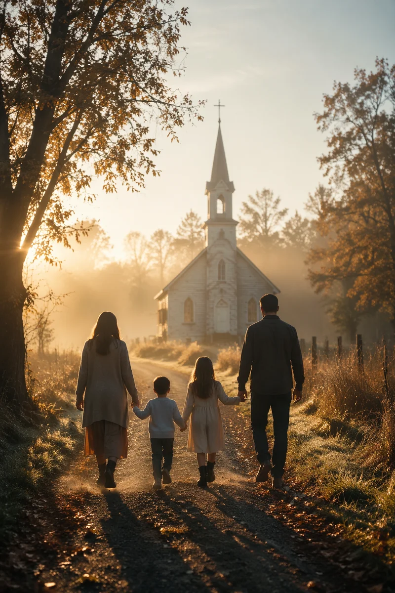 Family Walking Toward Church at Sunrise