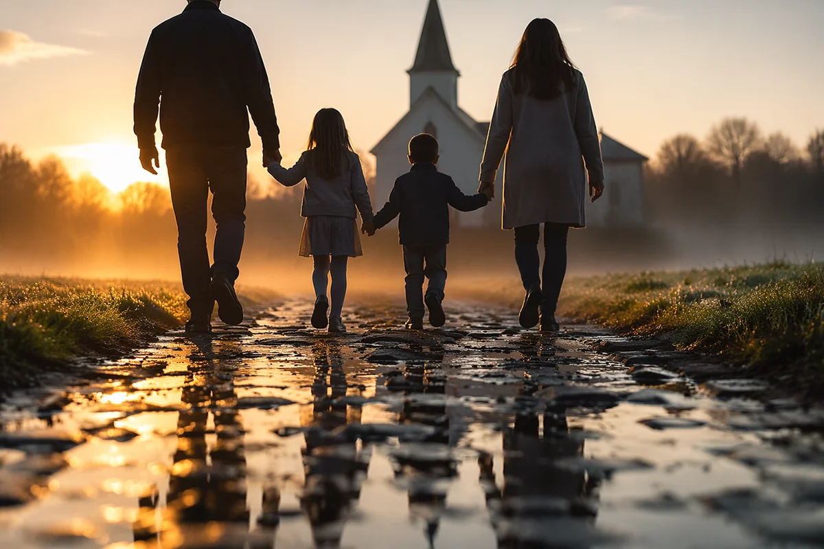 Family Silhouettes Walking Toward Church Sunrise