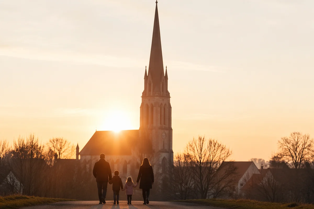 Family Walking Toward Church at Sunrise