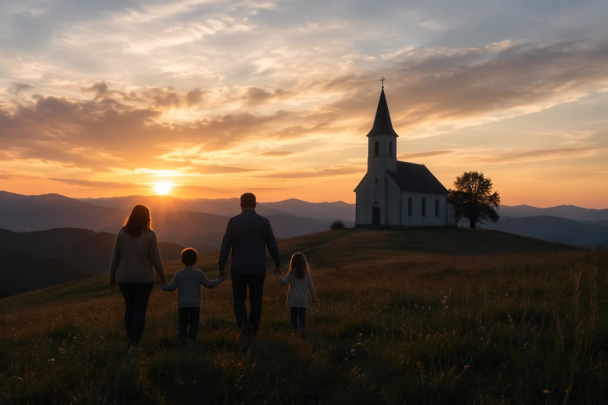 Family Silhouette Walking Toward Sunrise Church