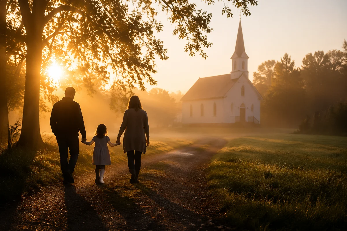 Family Walking Toward Church at Sunrise
