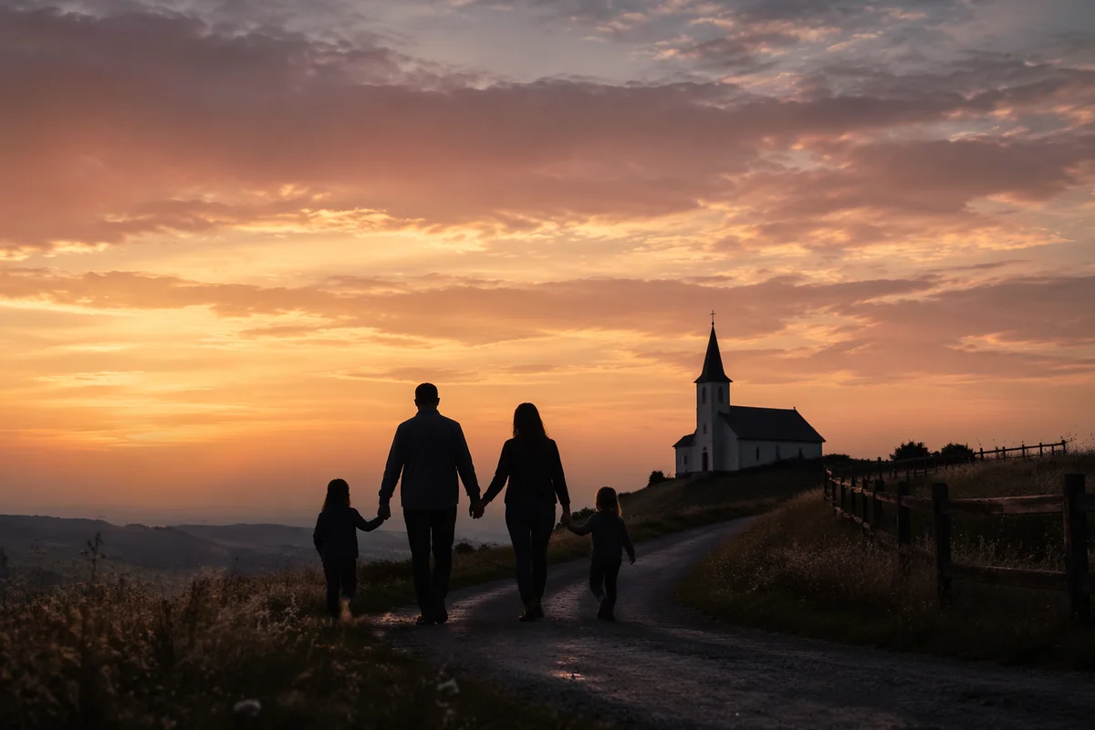 Family Silhouettes Walking Toward Church Sunrise