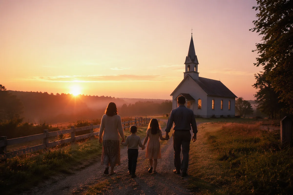 Family Walking Toward Chapel at Sunrise