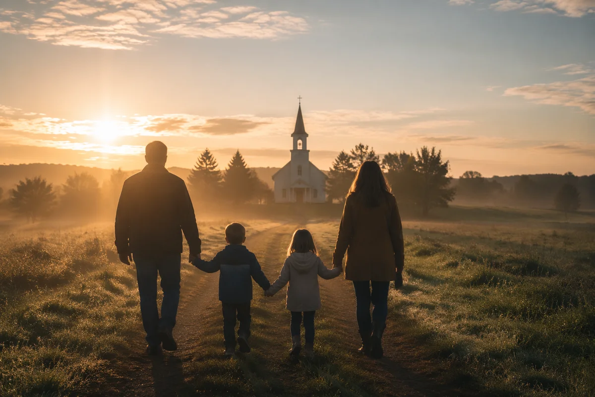 Family Walking Toward Country Church Sunrise