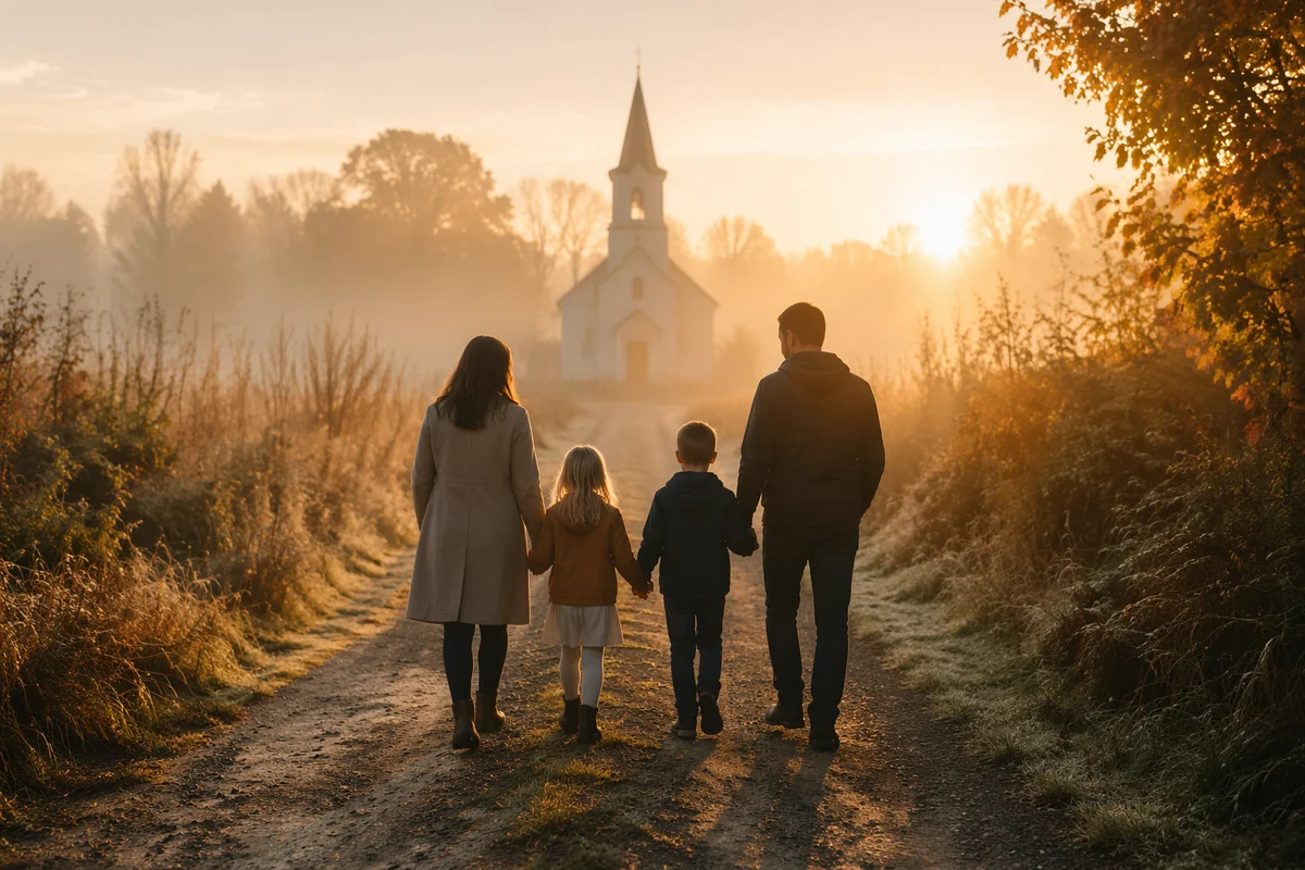 Family Walking Toward Church at Sunrise