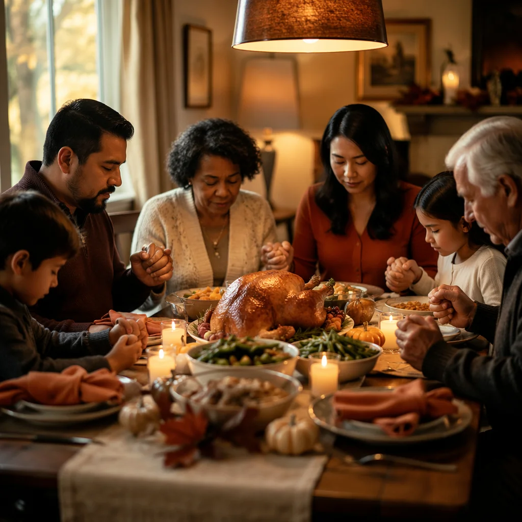 Family Holding Hands Before Thanksgiving Dinner