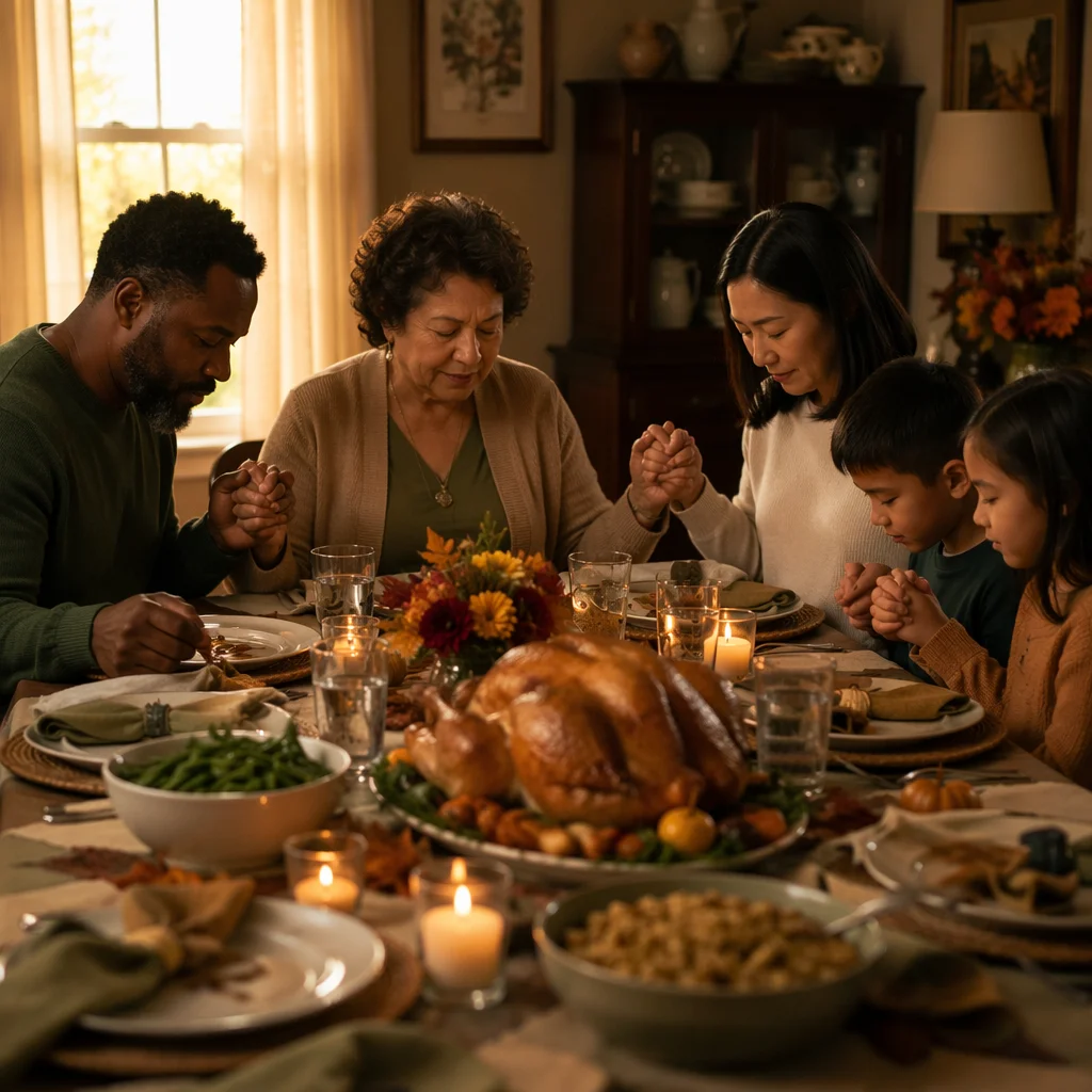 Family Holding Hands Before Thanksgiving Dinner