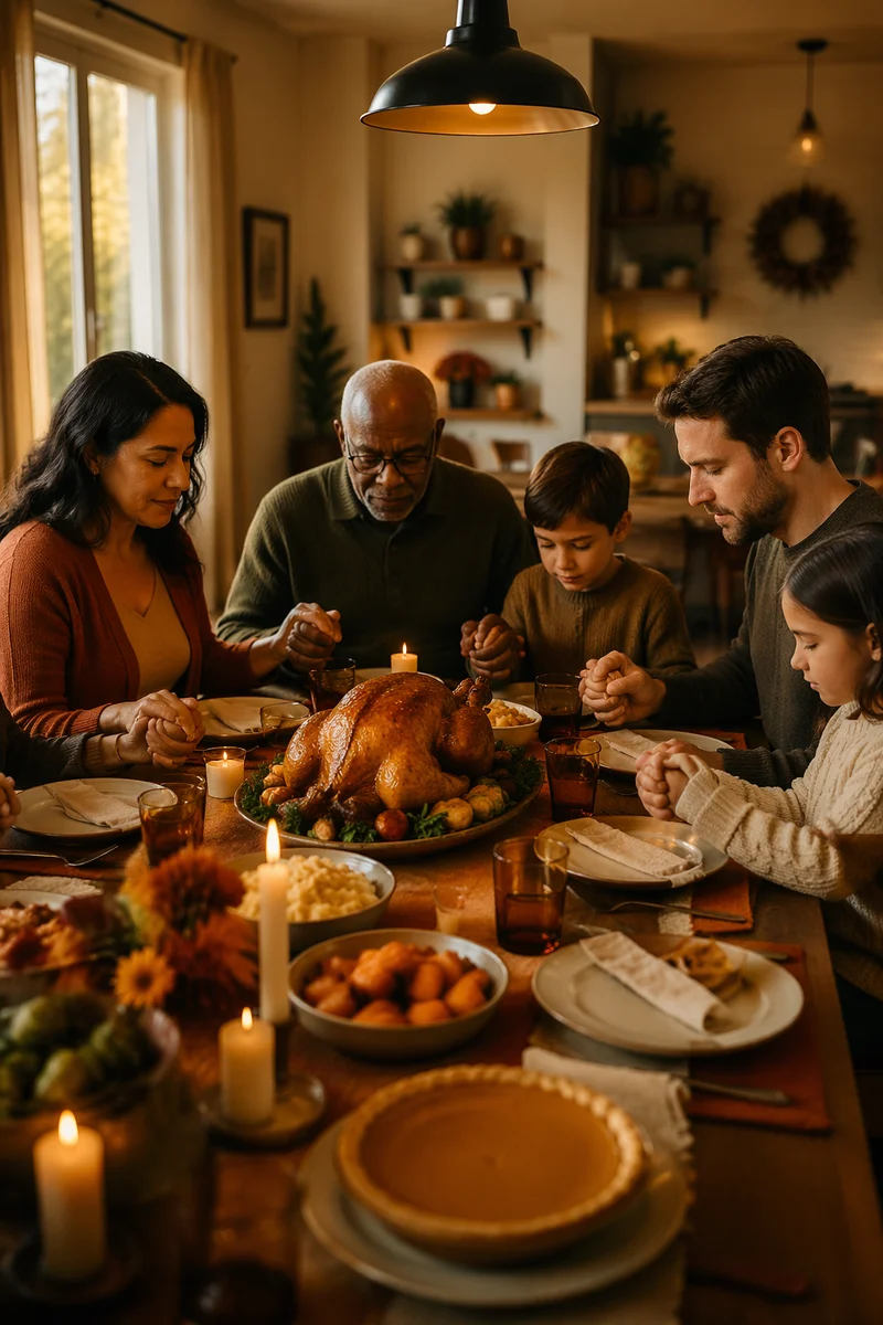 Family Praying Before Thanksgiving Dinner