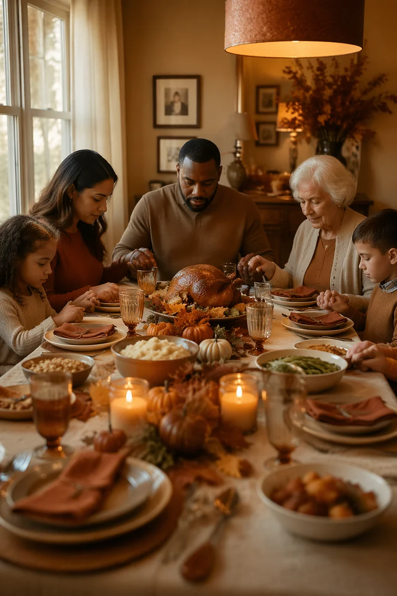 Family Holding Hands Before Thanksgiving Dinner