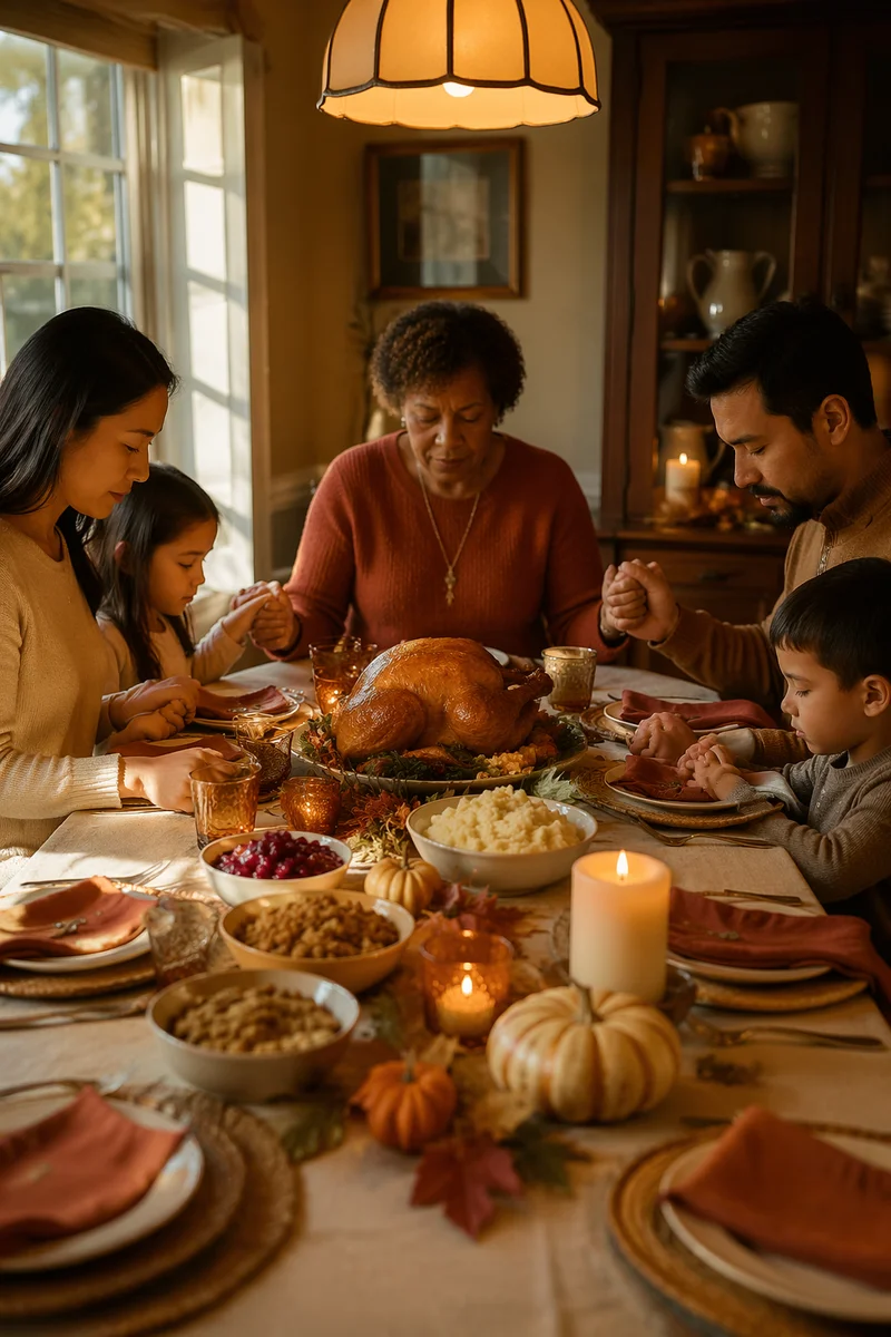 Family Holding Hands Before Thanksgiving Dinner