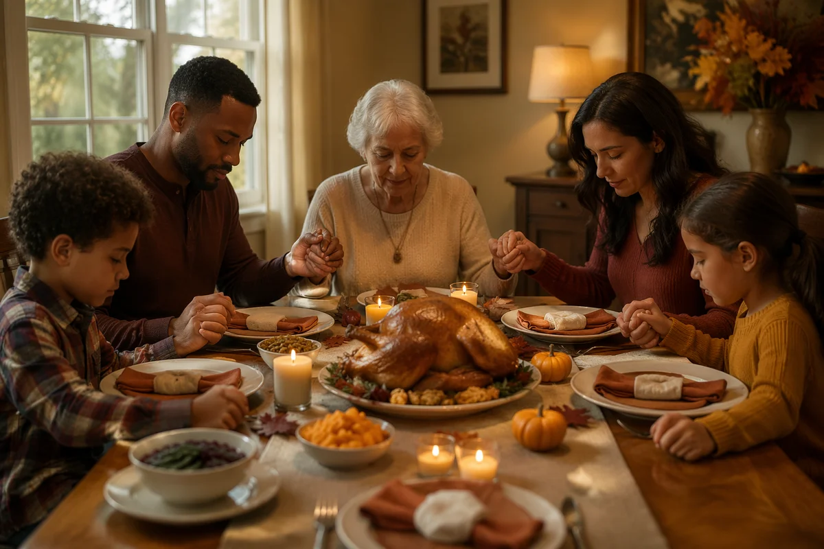 Family Praying Before Thanksgiving Dinner Together