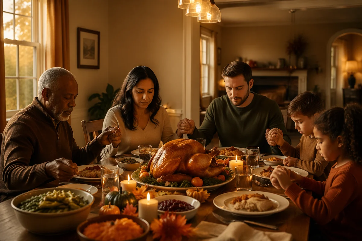 Family Praying Before Thanksgiving Dinner