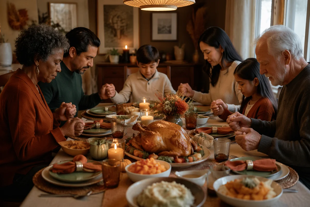 Family Holding Hands Before Thanksgiving Dinner