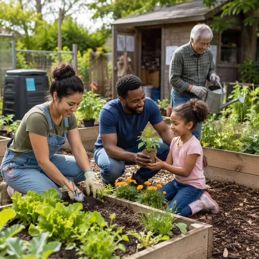 Family Gardening Together on Spring Morning