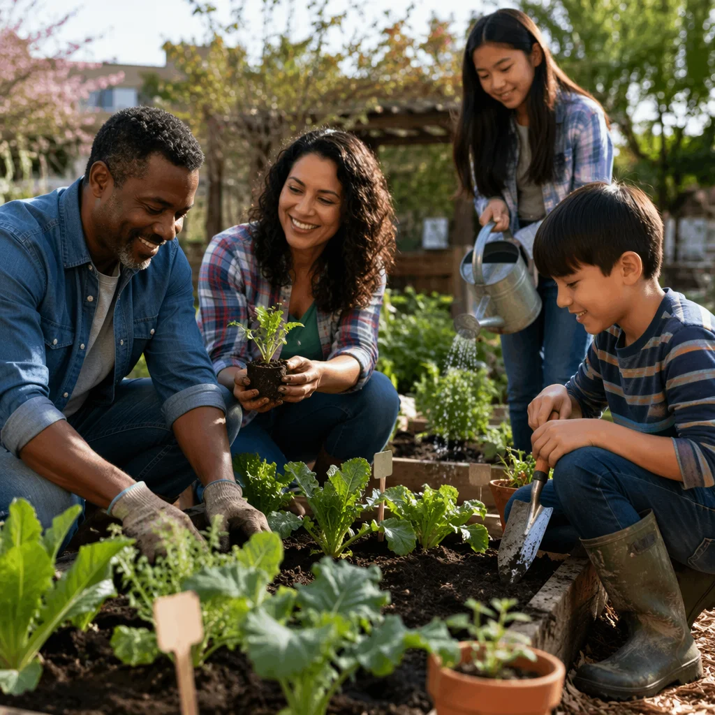 Family Volunteering in Community Garden Together