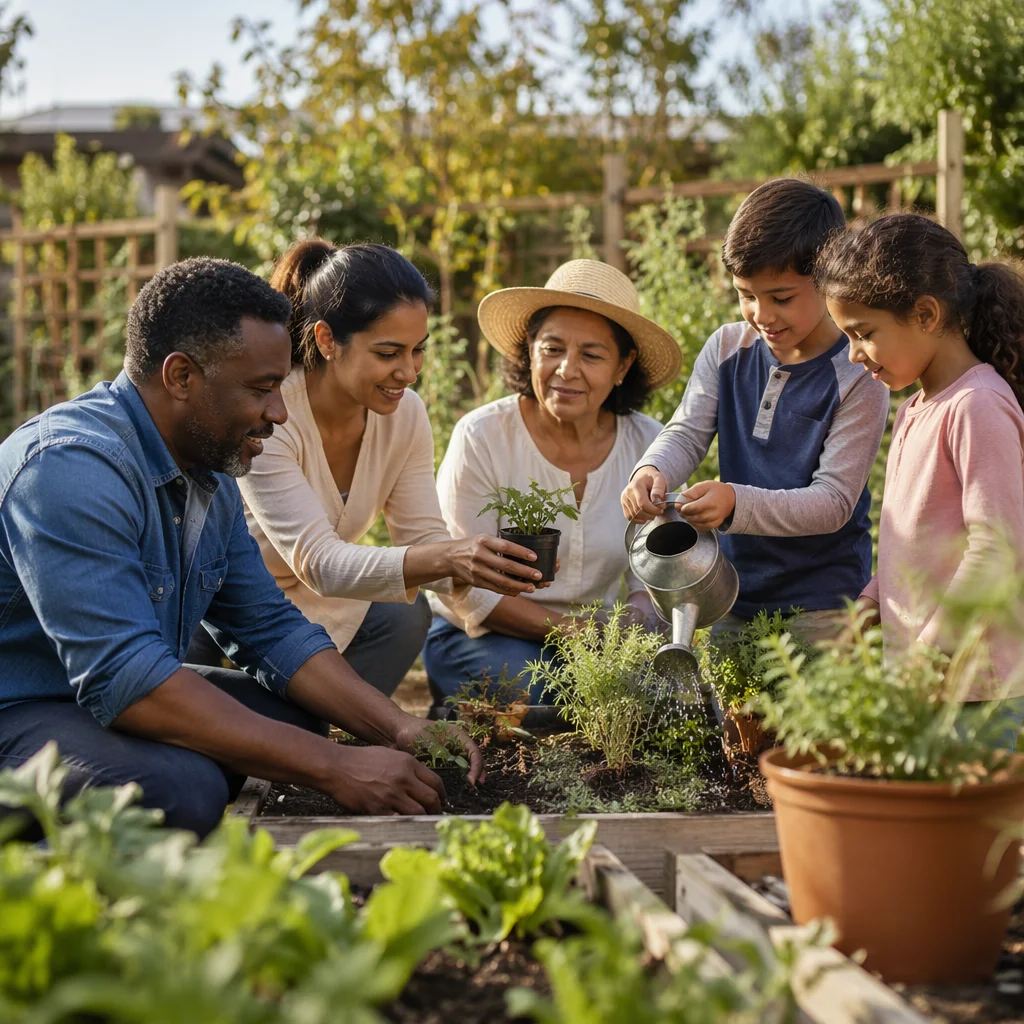 Family Gardening Together in Community Garden