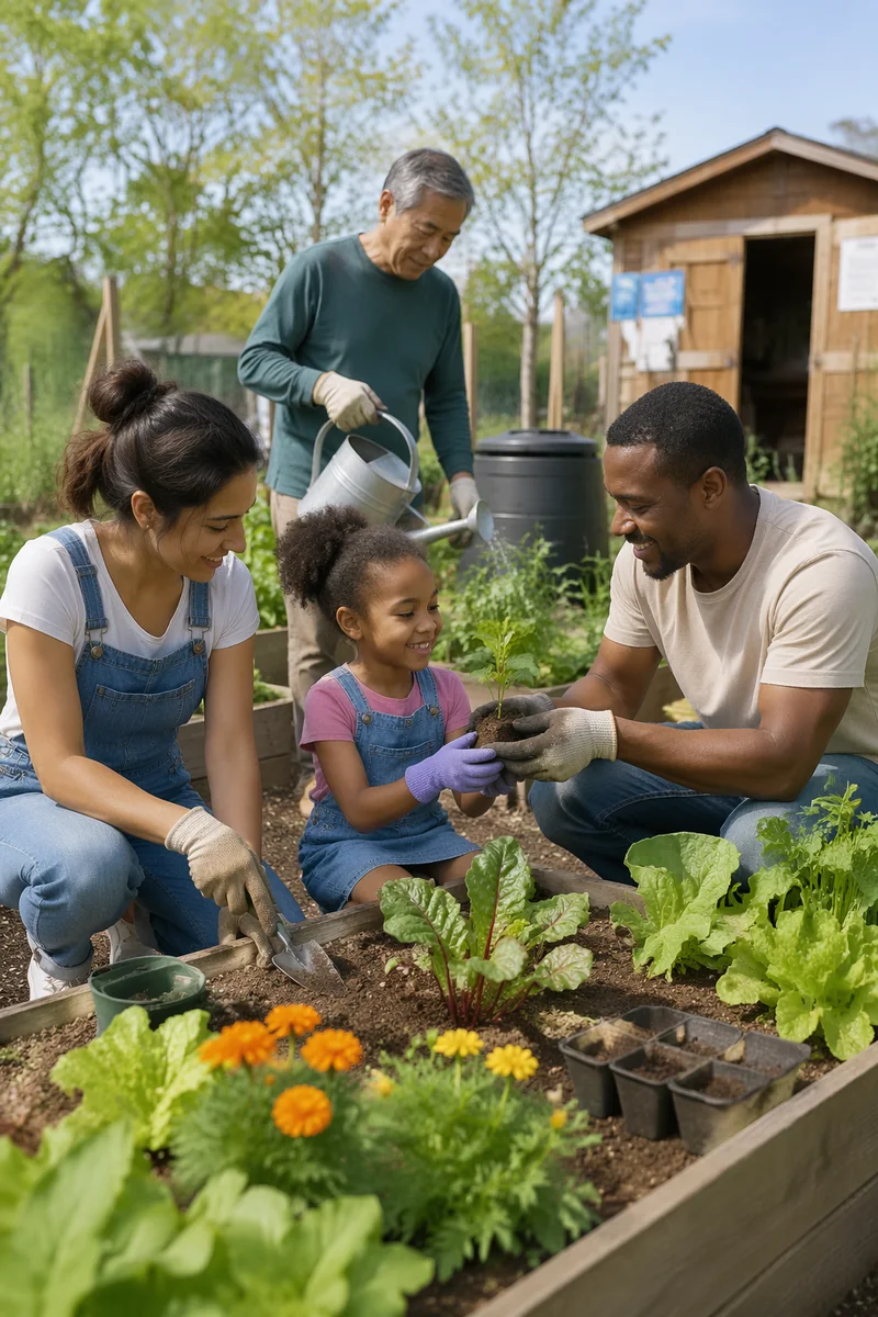 Family Gardening Together on Spring Morning
