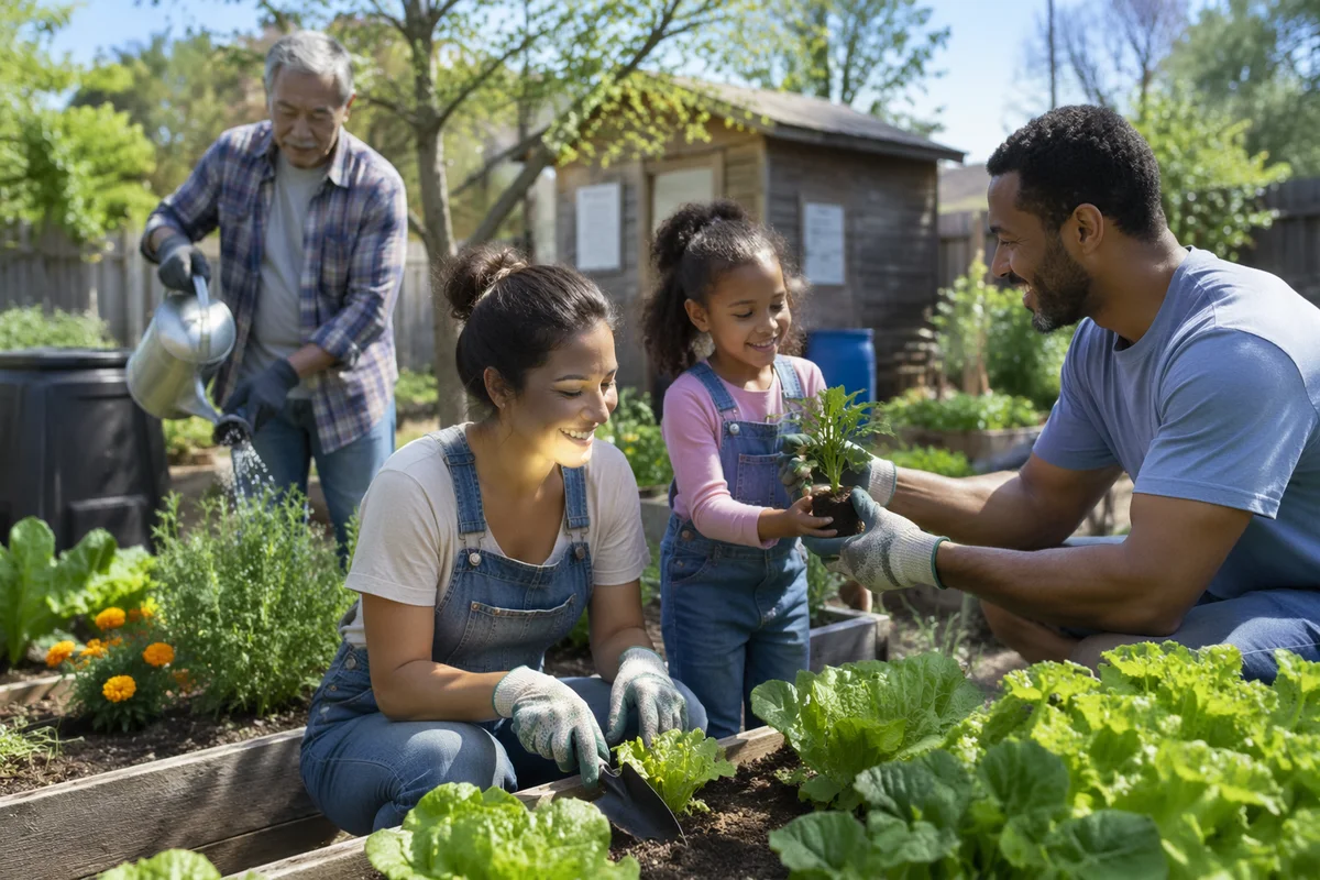 Family Gardening Together on Spring Morning