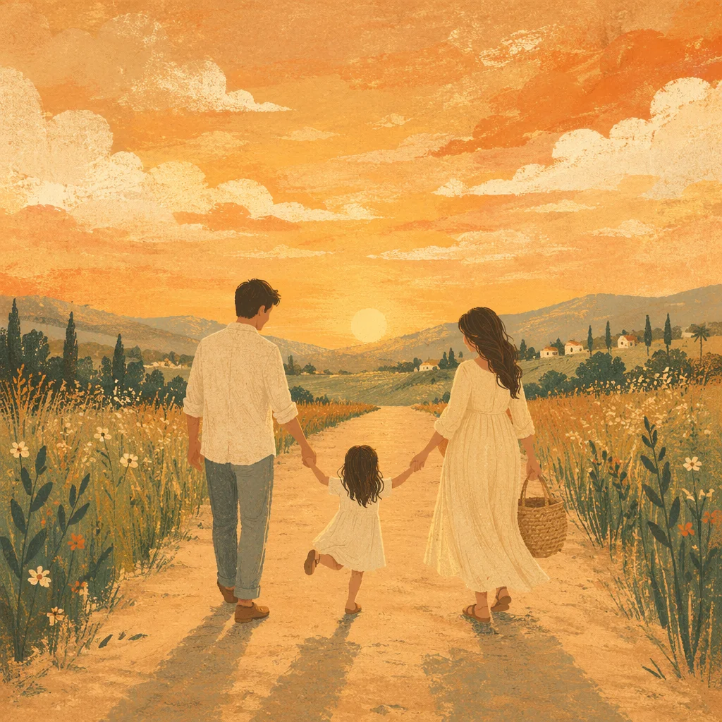 Family Walk on Country Road at Sunset