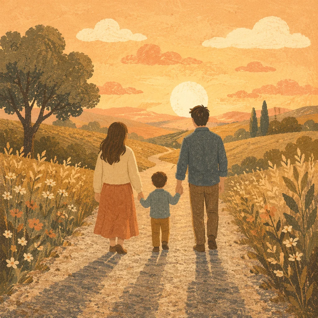 Family Walking Country Road at Sunset
