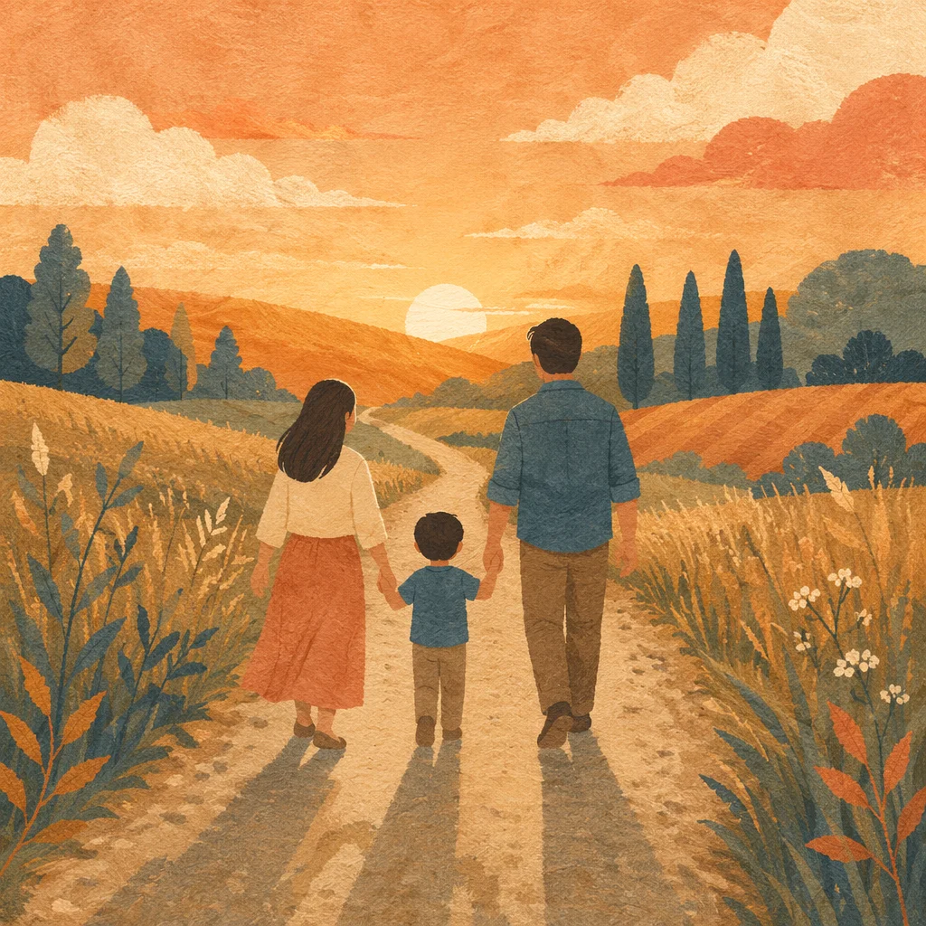 Family Walking Country Road at Sunset