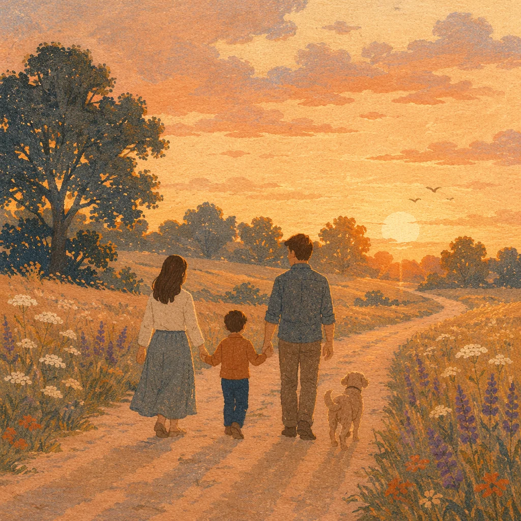 Family Walking Country Road at Sunset