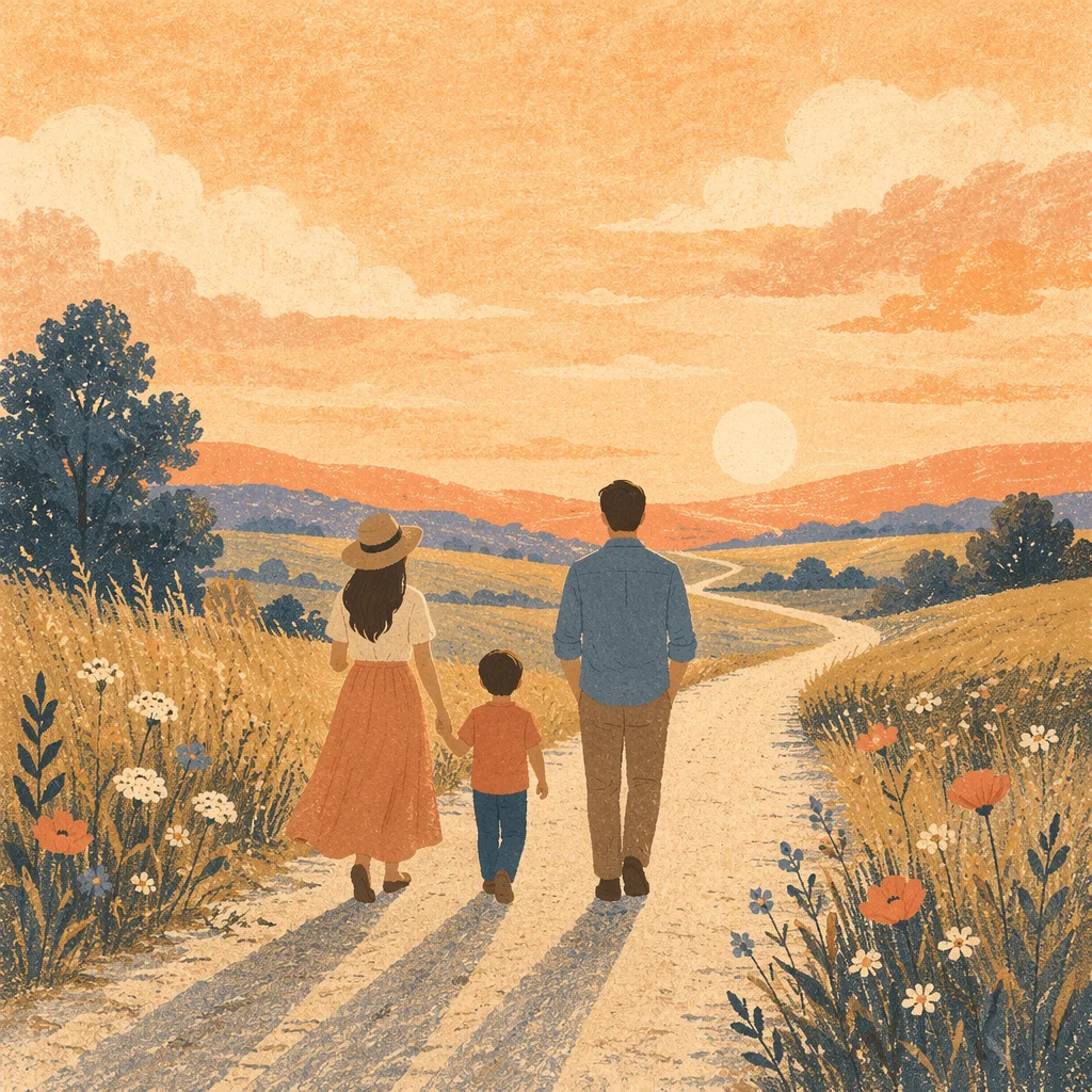 Family Walking Country Road at Sunset