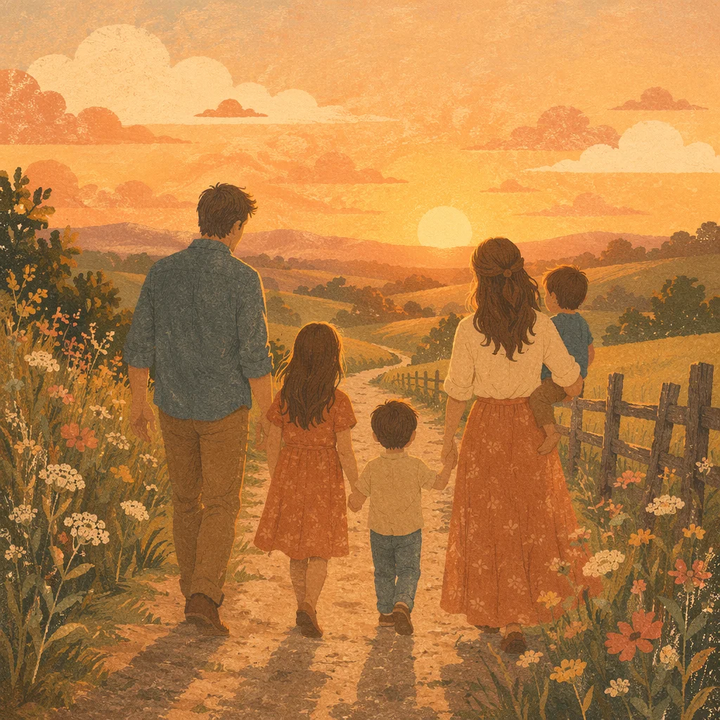 Family Walking Country Road at Sunset
