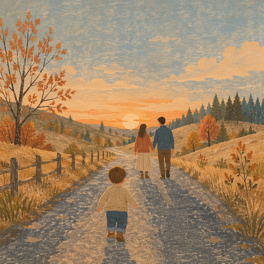 Family Walking Country Road at Sunset