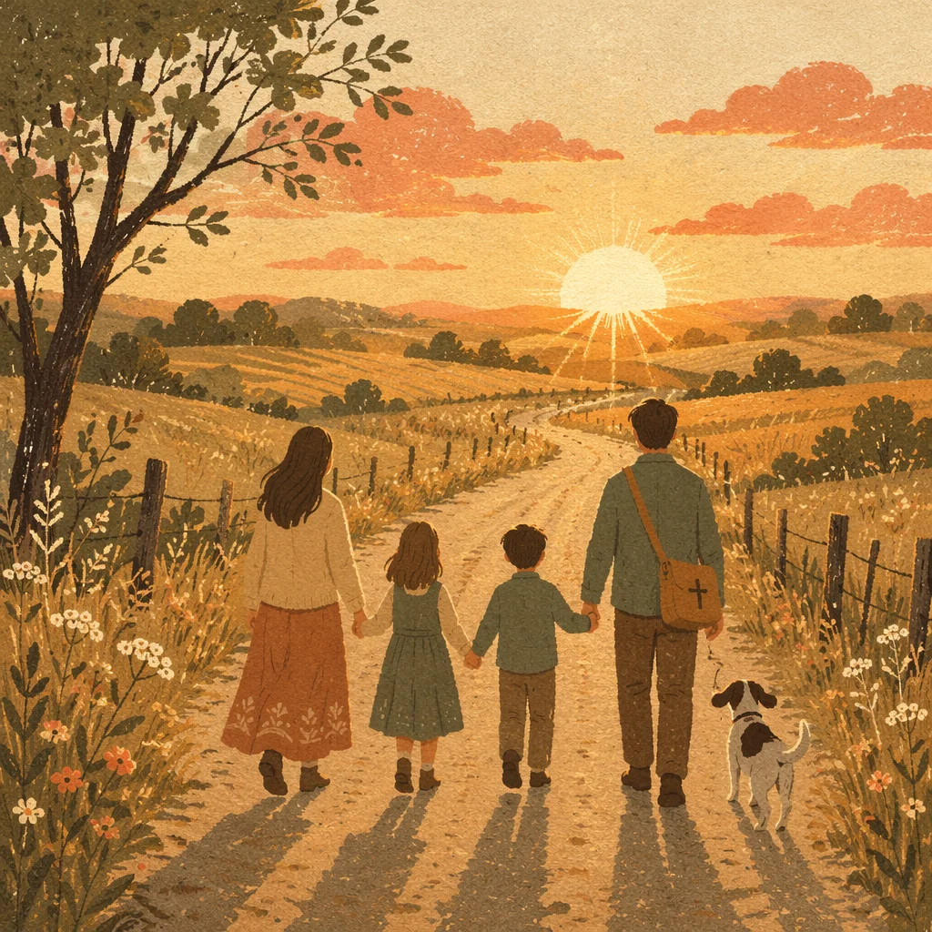 Family Walking Country Road at Sunset