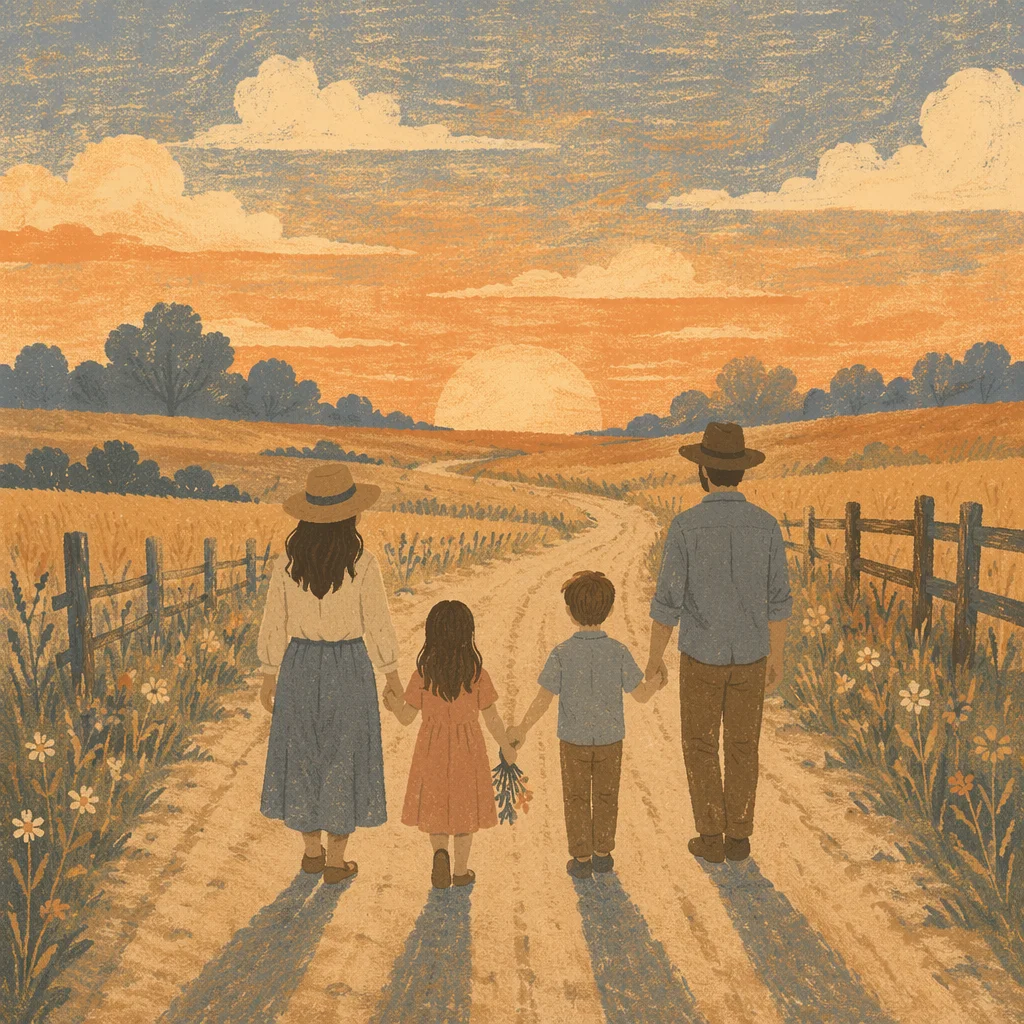 Family Sunset Walk on Country Road