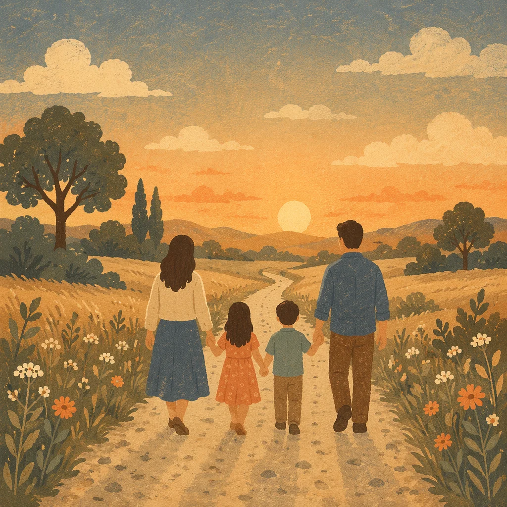 Sunset Family Walk on Country Road