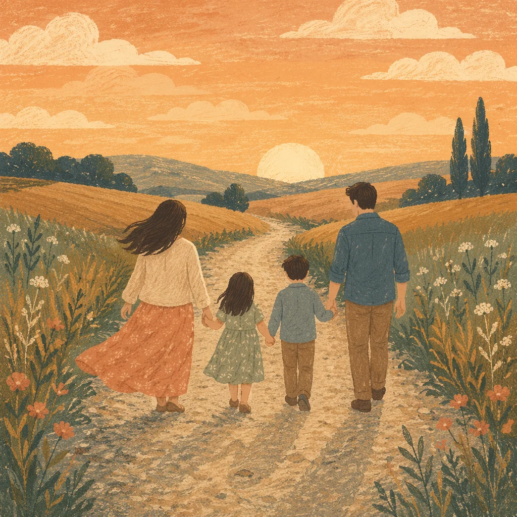 Family Walking Country Road at Sunset